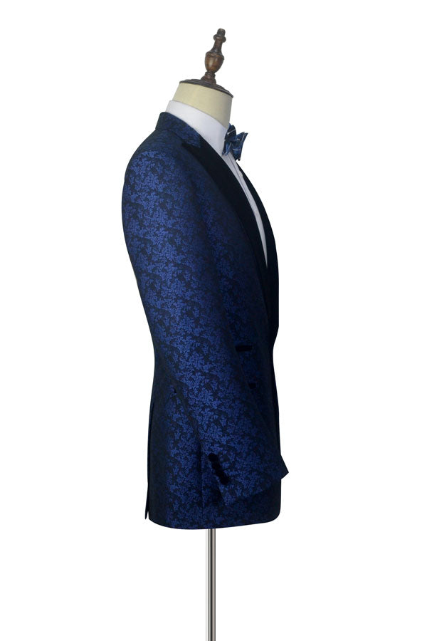 Blue Floral Patter Tuxedos for Wedding Black Velvet Peak Collar Prom Suits-stylesnuggle