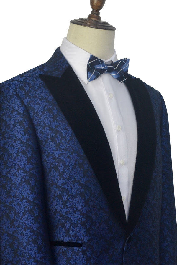 Blue Floral Patter Tuxedos for Wedding Black Velvet Peak Collar Prom Suits-stylesnuggle