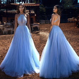 Blue Halter Beadings Long Prom Dress Tulle Evening Party Gowns-stylesnuggle