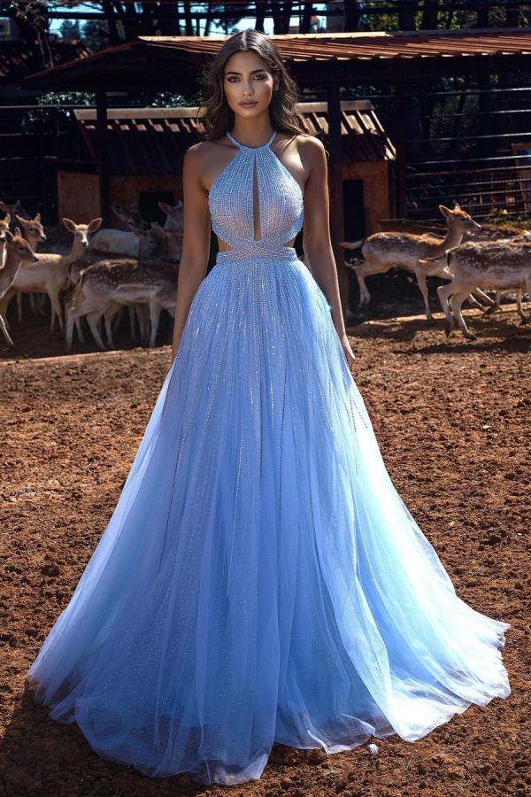 Blue Halter Beadings Long Prom Dress Tulle Evening Party Gowns-stylesnuggle