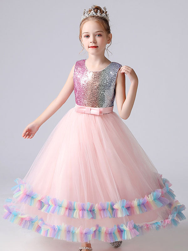 Blue flower girl dresses Jewel Neck Tulle Sleeveless Ankle-Length Bows Kids Social Party Dresses Princess Dress