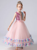 Blue flower girl dresses Jewel Neck Tulle Sleeveless Ankle-Length Bows Kids Social Party Dresses Princess Dress