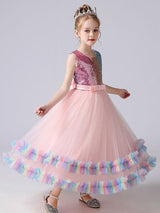 Blue flower girl dresses Jewel Neck Tulle Sleeveless Ankle-Length Bows Kids Social Party Dresses Princess Dress