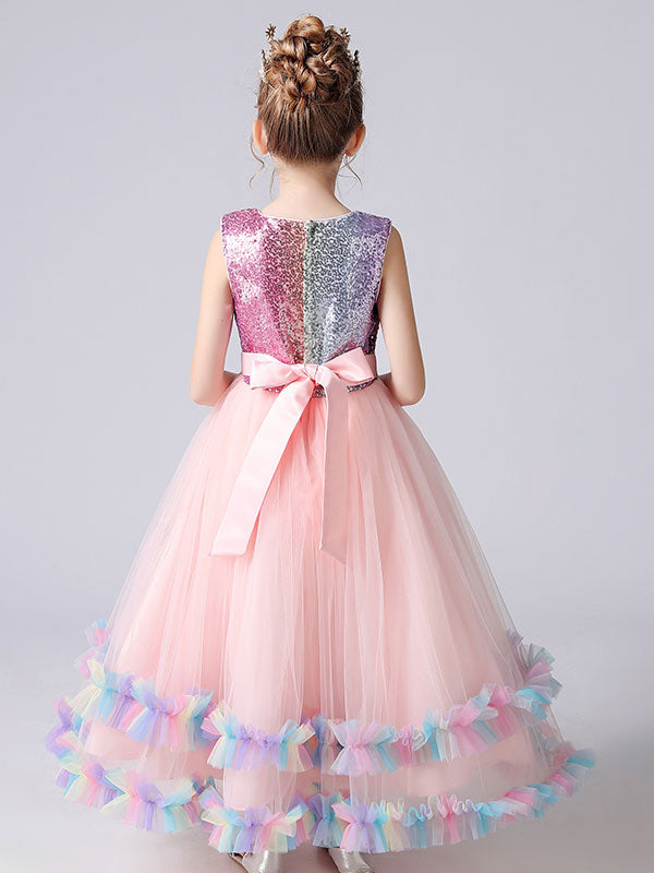 Blue flower girl dresses Jewel Neck Tulle Sleeveless Ankle-Length Bows Kids Social Party Dresses Princess Dress