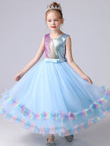 Blue flower girl dresses Jewel Neck Tulle Sleeveless Ankle-Length Bows Kids Social Party Dresses Princess Dress