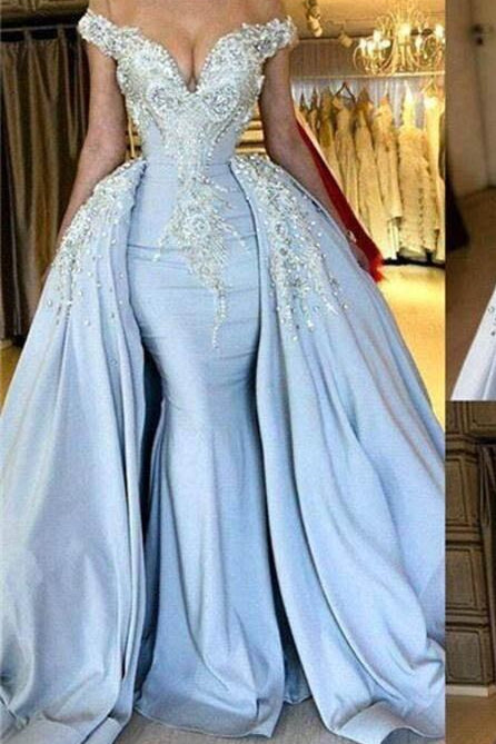 Blue Off-the-Shoulder V-neck Mermaid Beading Appliques Prom Dresses With Overskirt-stylesnuggle