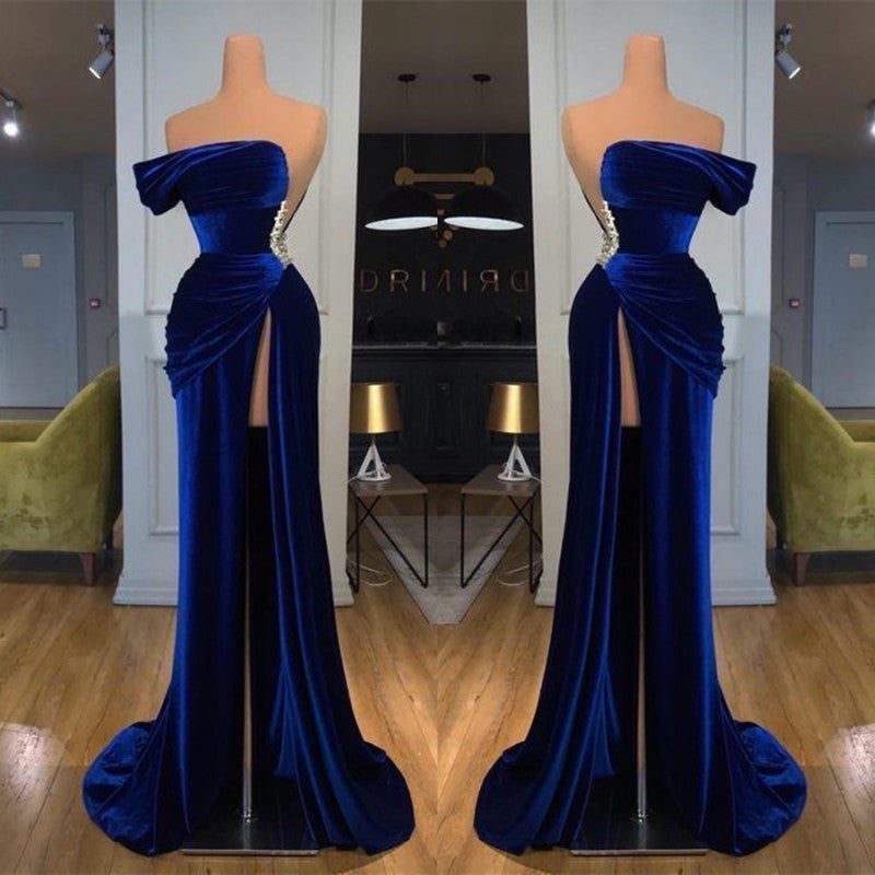 Blue Off-the-Shoulder Velvet Prom Dress Mermaid Long With Split-stylesnuggle