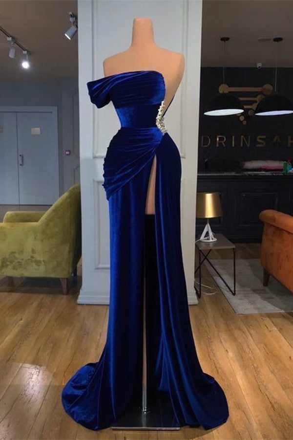 Blue Off-the-Shoulder Velvet Prom Dress Mermaid Long With Split-stylesnuggle