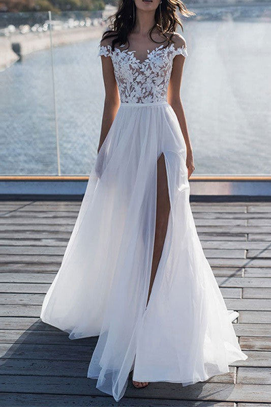 Boho Wedding Dresses Lace Off The Shoulder Short Sleeve Long Split Front Bridal Dress With Train-Dbrbridal