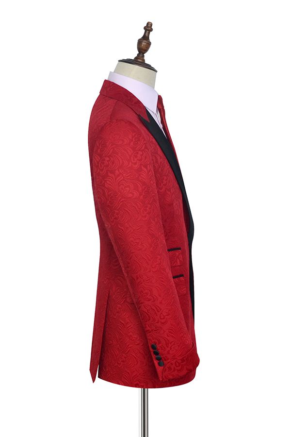 Bright Red Jacquard Peak Lapel with Black Silk Classy Mens Suits-stylesnuggle