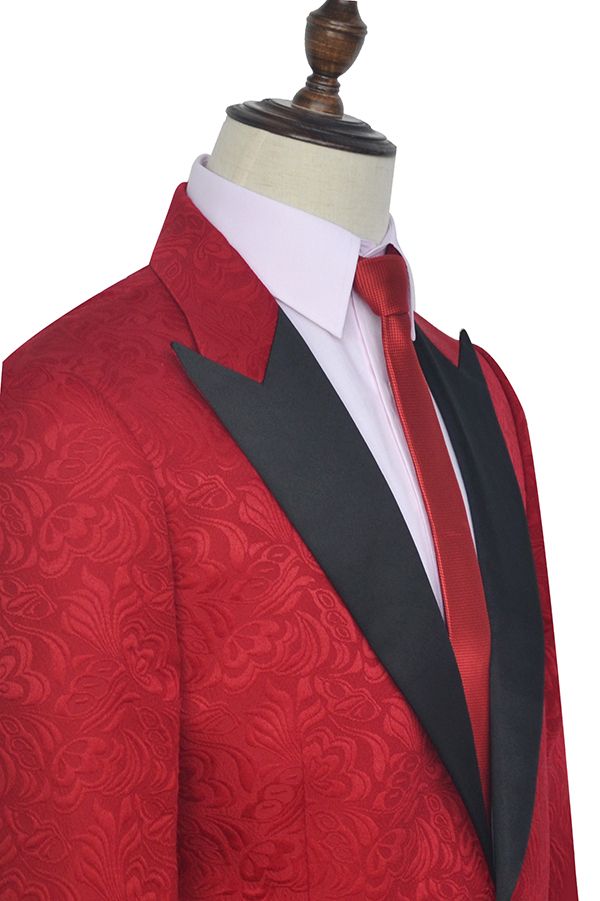 Bright Red Jacquard Peak Lapel with Black Silk Classy Mens Suits-stylesnuggle