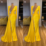 Bright Yellow V-neck Metallic Sequin Long sleeves Prom Dress-stylesnuggle