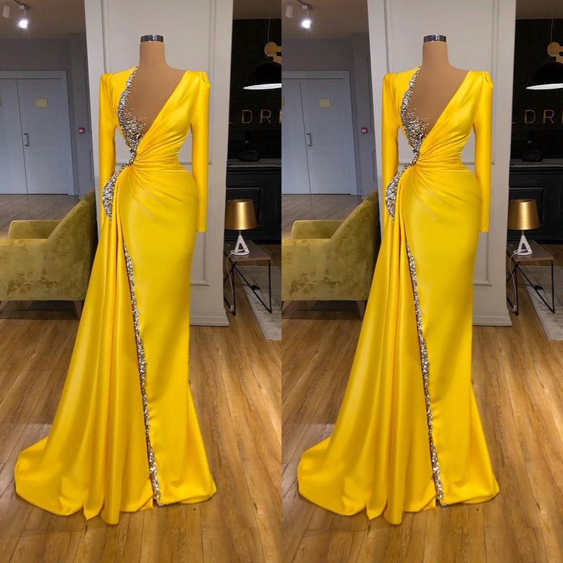 Bright Yellow V-neck Metallic Sequin Long sleeves Prom Dress-stylesnuggle