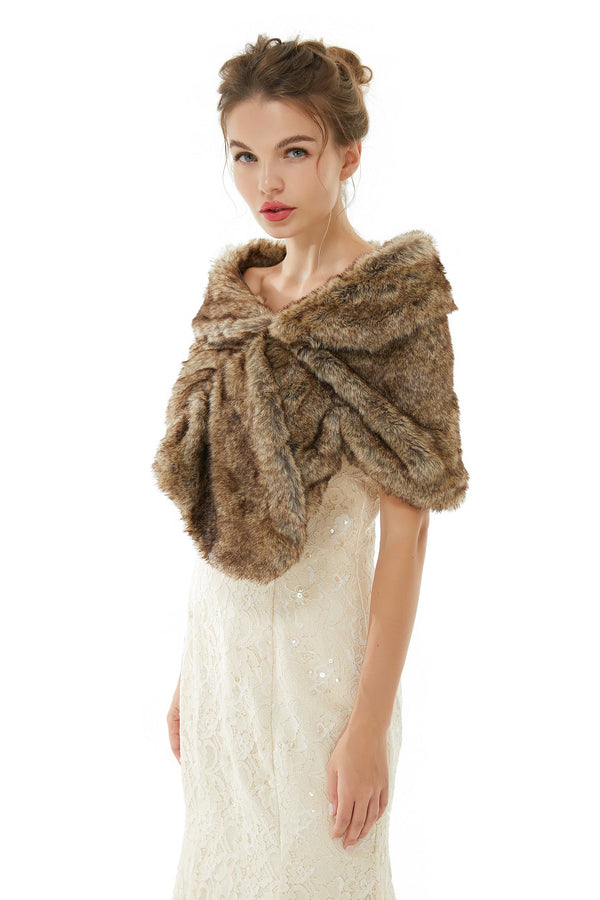 Brown Wedding Shrug Faux Fur Stole Fluffy Bridal Wrap Shawl-stylesnuggle