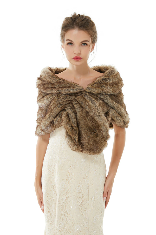 Brown Wedding Shrug Faux Fur Stole Fluffy Bridal Wrap Shawl-stylesnuggle