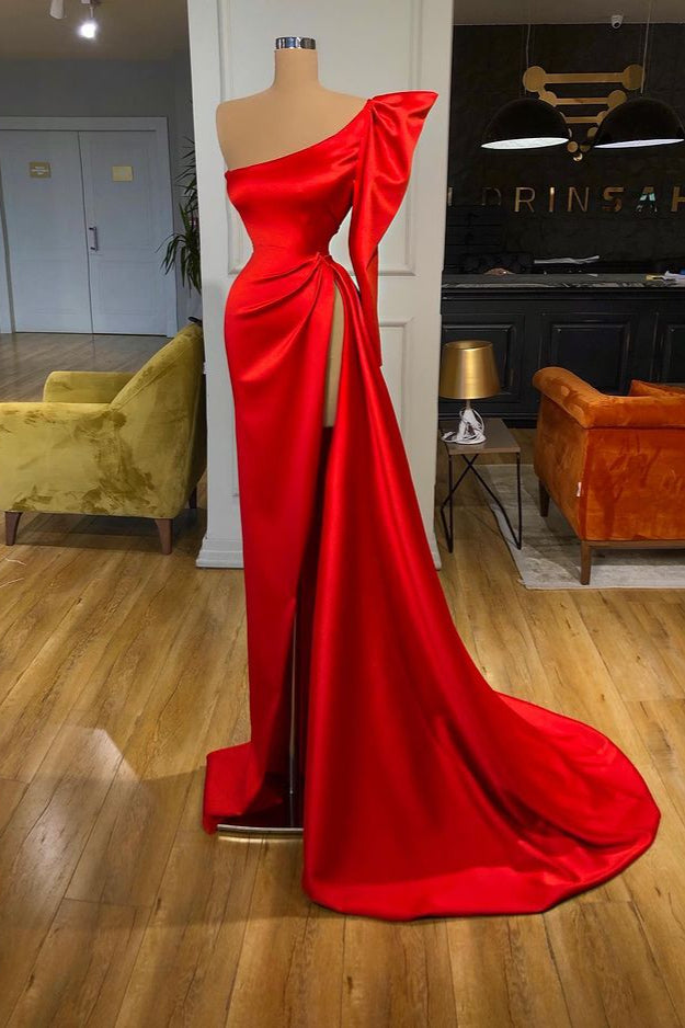 Bubble Sleeve One-shoulder Red High-split Long Evening Dress-stylesnuggle