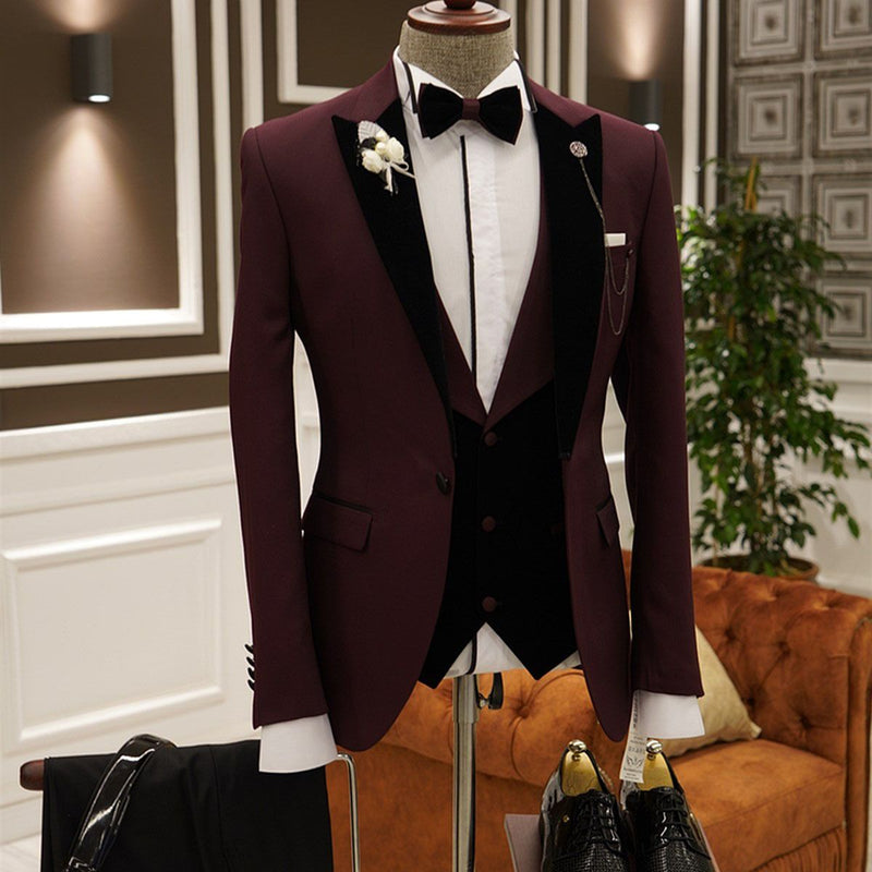 Burgundy 3-pieces Peaked Lapel Slim Fit Men's Prom Suits-stylesnuggle