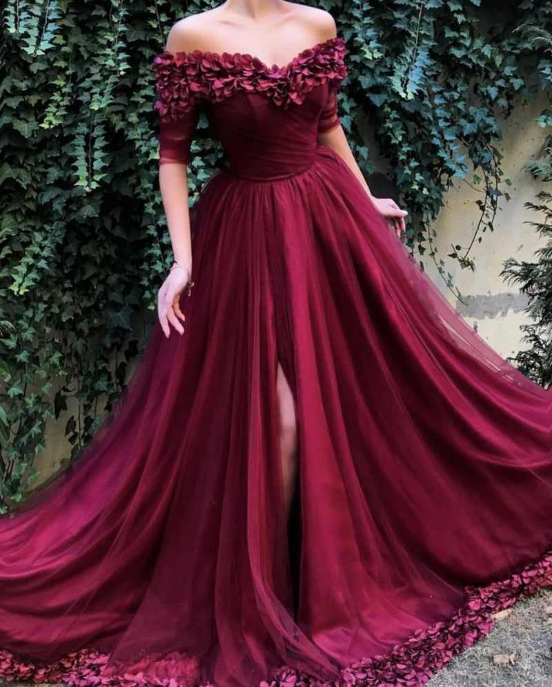 stylesnuggle offers all kinds of burgundy evening dresses online,  sort by color,  neckline or fabric. Discover more styles Burgundy A-line Off-the-Shoulder Tulle Flower Applique Prom Dresses that will match you preferctly now.