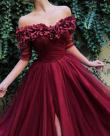 stylesnuggle offers all kinds of burgundy evening dresses online,  sort by color,  neckline or fabric. Discover more styles Burgundy A-line Off-the-Shoulder Tulle Flower Applique Prom Dresses that will match you preferctly now.