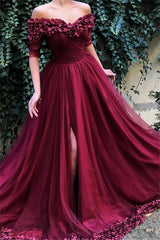 stylesnuggle offers all kinds of burgundy evening dresses online,  sort by color,  neckline or fabric. Discover more styles Burgundy A-line Off-the-Shoulder Tulle Flower Applique Prom Dresses that will match you preferctly now.