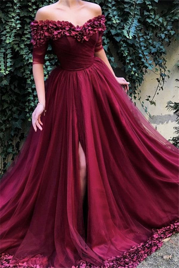 stylesnuggle offers all kinds of burgundy evening dresses online,  sort by color,  neckline or fabric. Discover more styles Burgundy A-line Off-the-Shoulder Tulle Flower Applique Prom Dresses that will match you preferctly now.