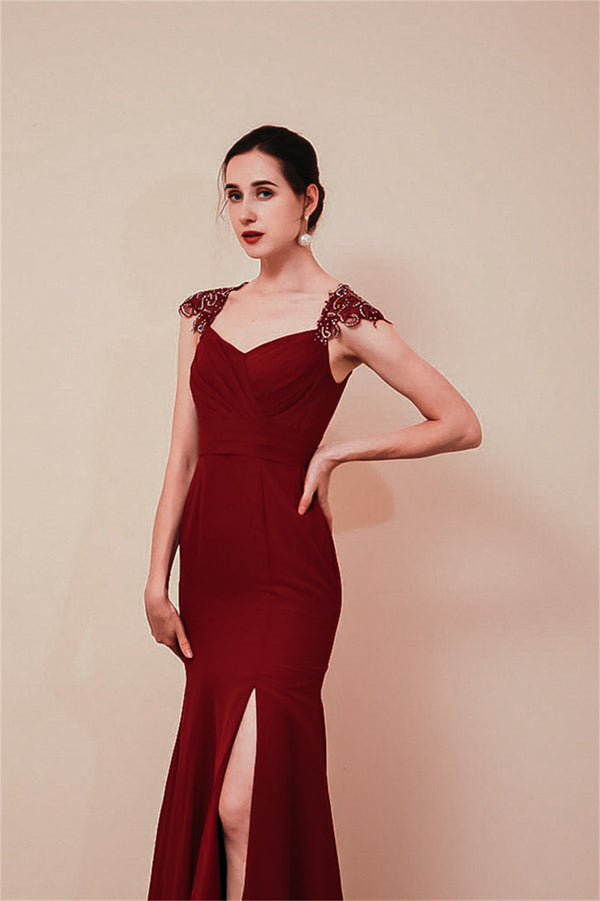 Burgundy Beaded Cap sleeves Chiffon Column Evening Dress-stylesnuggle