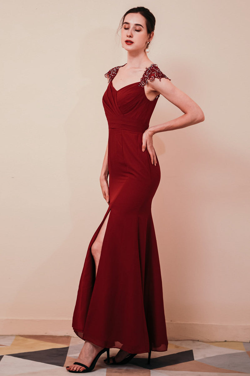 Burgundy Beaded Cap sleeves Chiffon Column Evening Dress-stylesnuggle