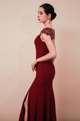 Burgundy Beaded Cap sleeves Chiffon Column Evening Dress-stylesnuggle