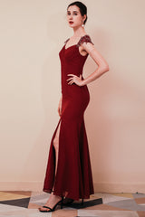 Burgundy Beaded Cap sleeves Chiffon Column Evening Dress-stylesnuggle