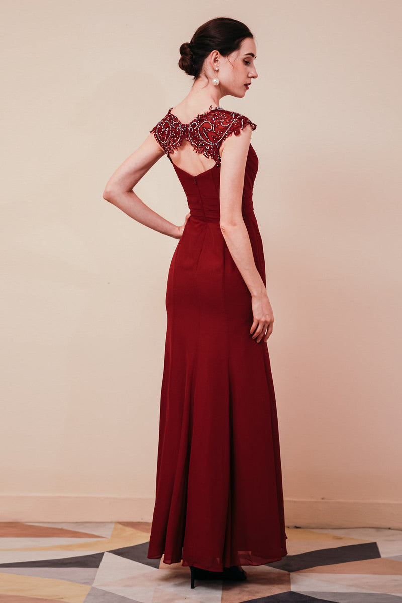 Burgundy Beaded Cap sleeves Chiffon Column Evening Dress-stylesnuggle