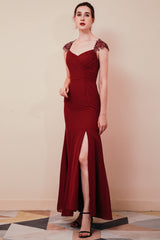 Burgundy Beaded Cap sleeves Chiffon Column Evening Dress-stylesnuggle