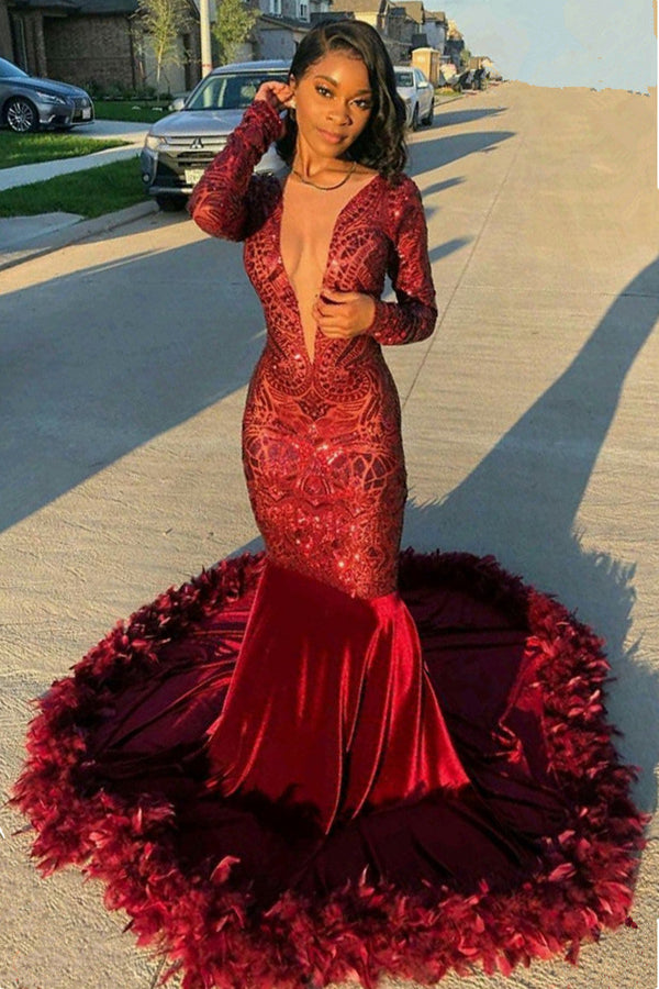 Burgundy Deep V-Neck Long Sleeve Mermaid Prom Dress With Sequins-stylesnuggle