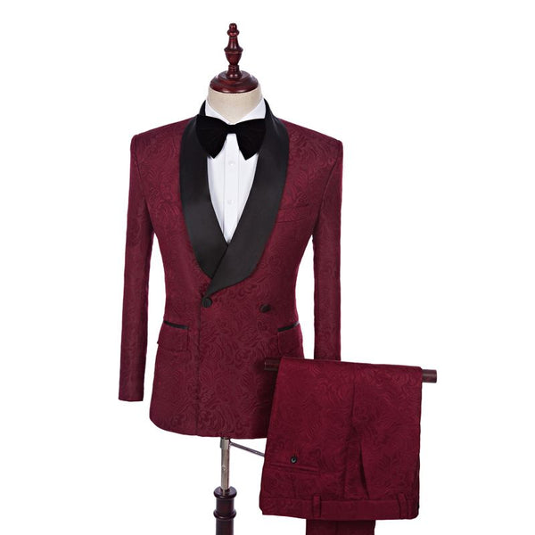 stylesnuggle is your ultimate source for Burgundy Jacquard Double Breasted Best Fitted Wedding Suits Online. Our Burgundy Shawl Lapel wedding groomsmen suits come in Bespoke styles &amp; colors with high quality and free shipping.