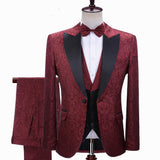 stylesnuggle is your ultimate source for Burgundy Jacquard Peaked Lapel Three-pieces Wedding Men Suits. Our Burgundy Peaked Lapel wedding groomsmen suits come in Bespoke styles &amp; colors with high quality and free shipping.