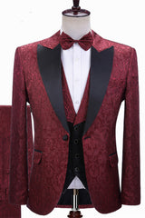 stylesnuggle is your ultimate source for Burgundy Jacquard Peaked Lapel Three-pieces Wedding Men Suits. Our Burgundy Peaked Lapel wedding groomsmen suits come in Bespoke styles &amp; colors with high quality and free shipping.