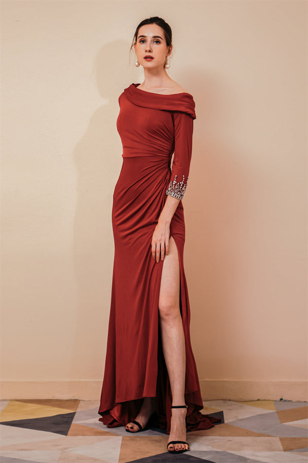 Burgundy Long sleeves Jersey Unique neckline Evening Dress-stylesnuggle