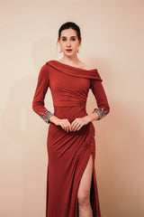 Burgundy Long sleeves Jersey Unique neckline Evening Dress-stylesnuggle