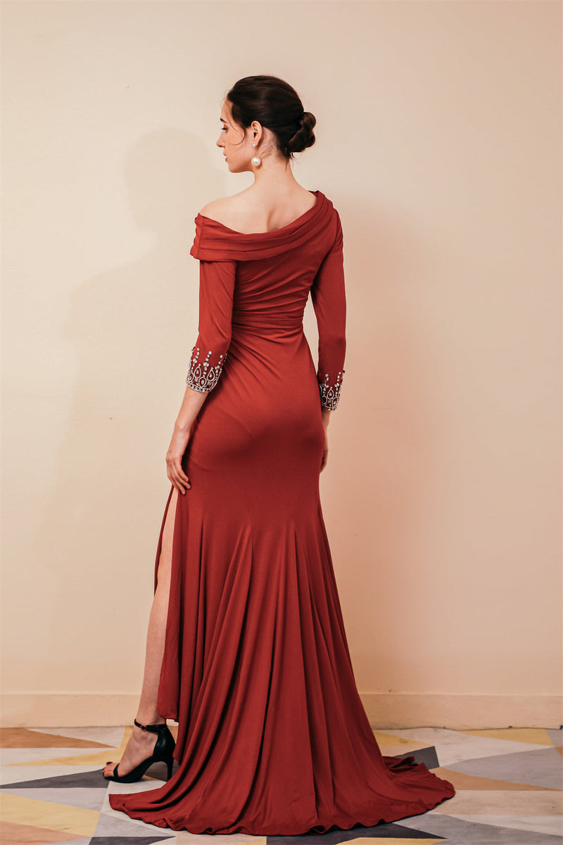 Burgundy Long sleeves Jersey Unique neckline Evening Dress-stylesnuggle