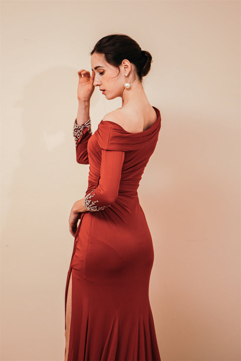 Burgundy Long sleeves Jersey Unique neckline Evening Dress-stylesnuggle