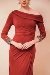 Burgundy Long sleeves Jersey Unique neckline Evening Dress-stylesnuggle