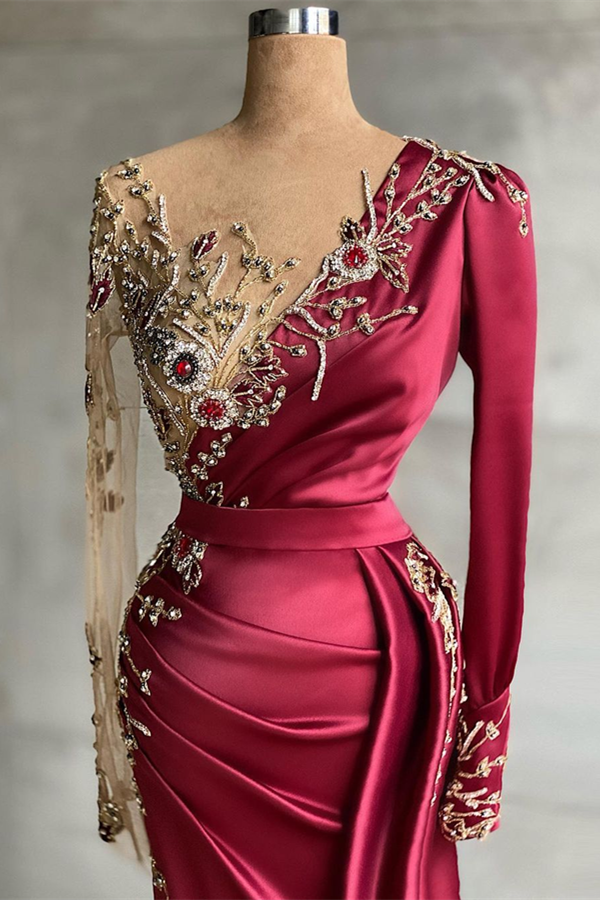 Burgundy Long Sleeves Mermaid Prom Dress With Beadings-stylesnuggle