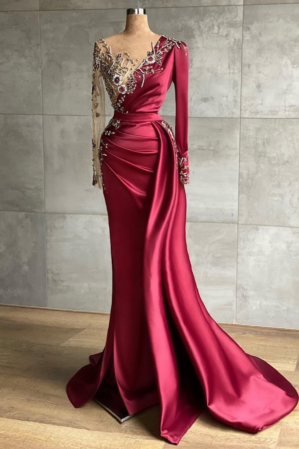 Burgundy Long Sleeves Mermaid Prom Dress With Beadings-stylesnuggle