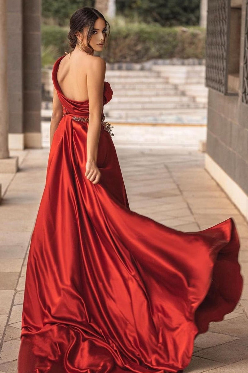 Burgundy One-shoulder High Split Long Prom Dress with Half train-stylesnuggle