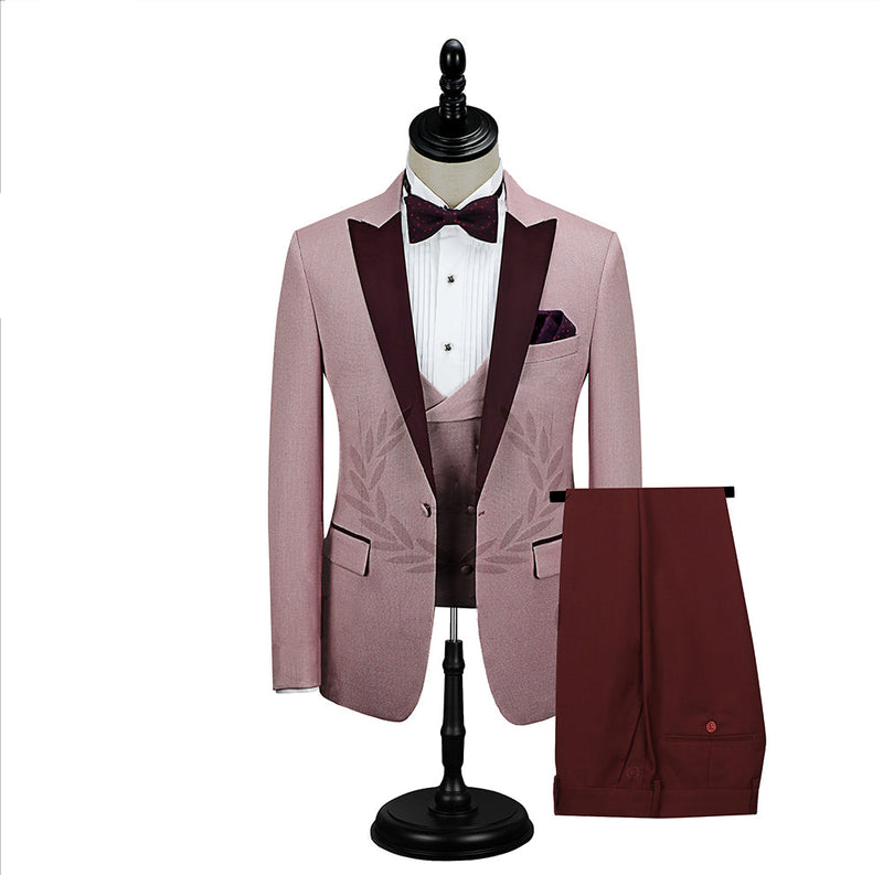 Burgundy Peak Lapel Men's Prom Suits Latest Pink One Button Wedding Tuxedos-stylesnuggle