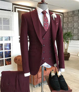 Burgundy Peaked Lapel Three Pieces Men's Suit-stylesnuggle