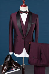 stylesnuggle made this Burgundy Slim Fit Shawl Lapel Groomsmen Suit, Fashion Black Trim Tuxedo Men Three-pieces Suits with rush order service. Discover the design of this Burgundy Solid Shawl Lapel Single Breasted mens suits cheap for prom, wedding or formal business occasion.