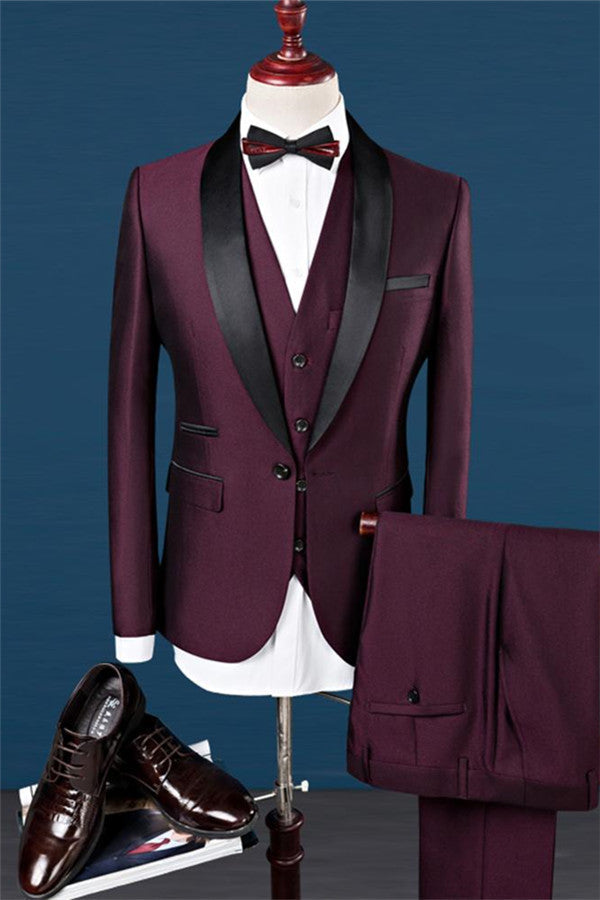 stylesnuggle made this Burgundy Slim Fit Shawl Lapel Groomsmen Suit, Fashion Black Trim Tuxedo Men Three-pieces Suits with rush order service. Discover the design of this Burgundy Solid Shawl Lapel Single Breasted mens suits cheap for prom, wedding or formal business occasion.