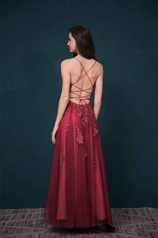 Burgundy Spaghetti Strap Lace Appliques High split Prom Dress-stylesnuggle