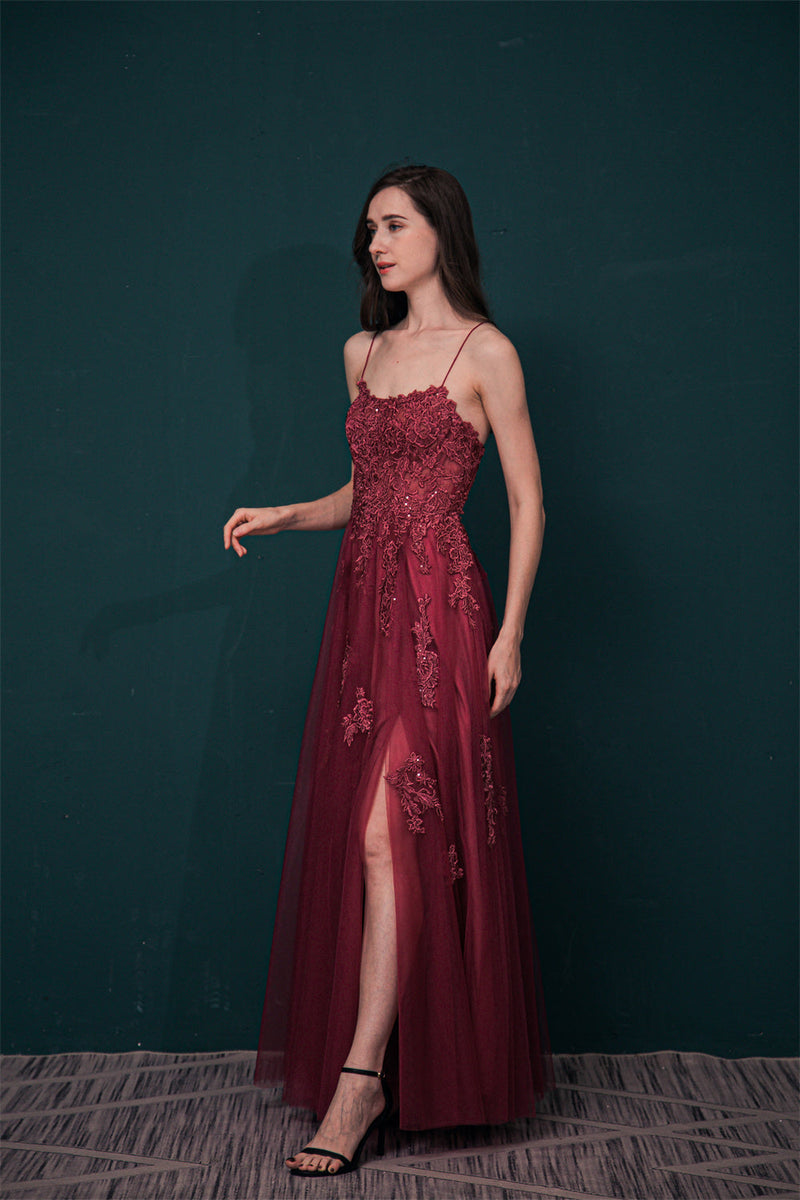 Burgundy Spaghetti Strap Lace Appliques High split Prom Dress-stylesnuggle