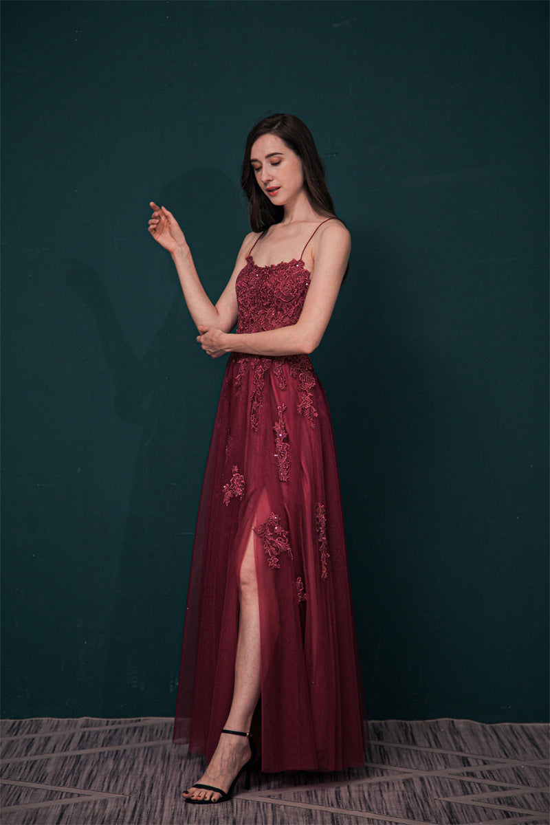 Burgundy Spaghetti Strap Lace Appliques High split Prom Dress-stylesnuggle